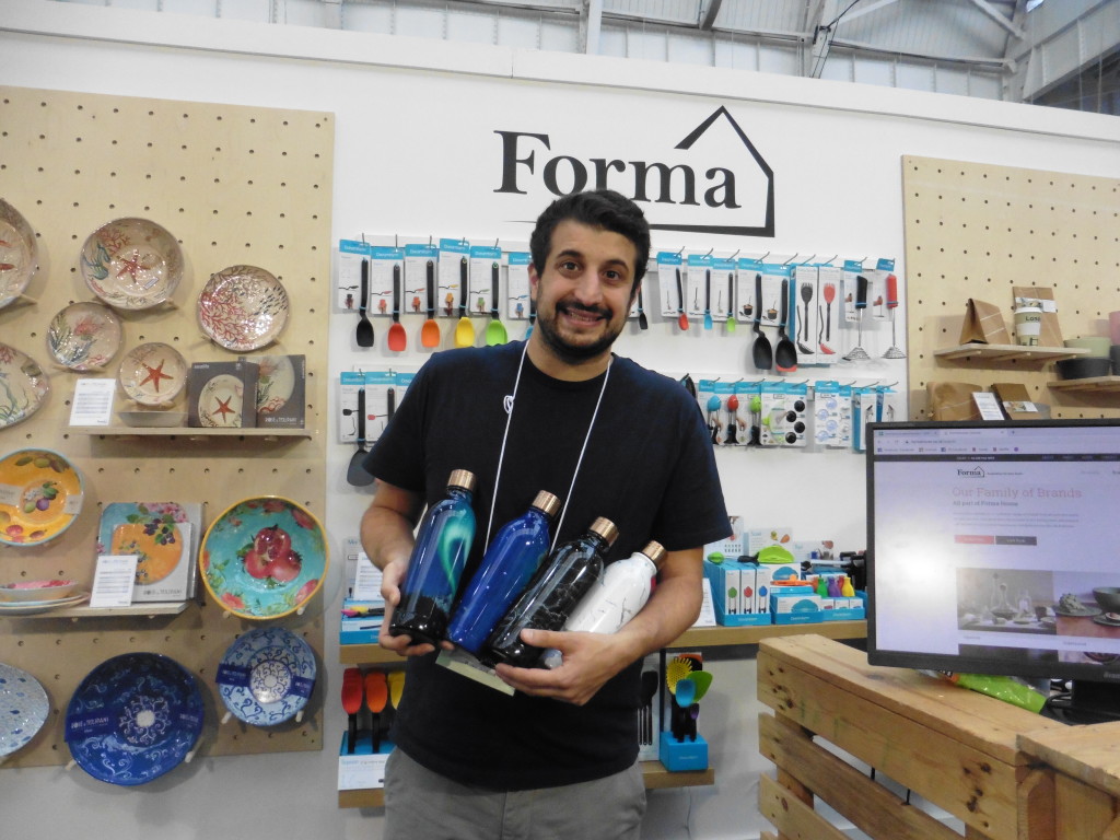 Above: Forma House launched three new colours at the show, in the company’s Concerto range. Simon Maghnagi, business development manager, also highlighted that Forma has updated its website to make it easy for customers to navigate. Simon is shown with re-usable bottles in the Eva Solo range.