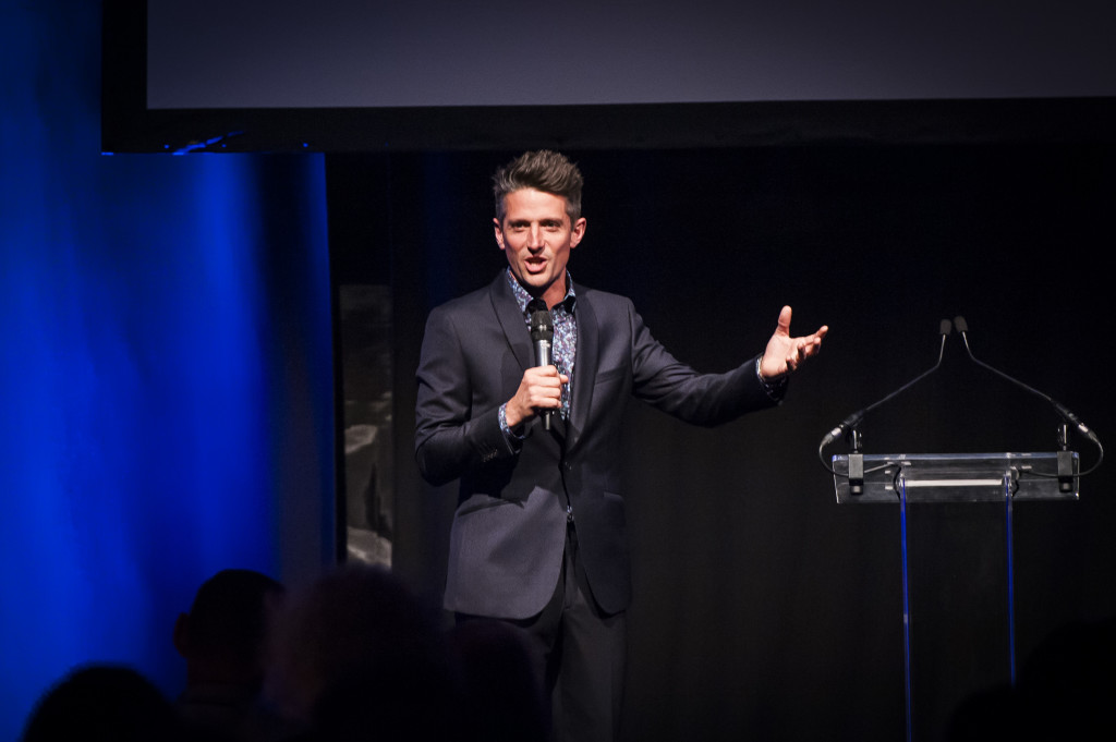 Above:  Internationally acclaimed comedian Stuart Goldsmith is shown on stage.