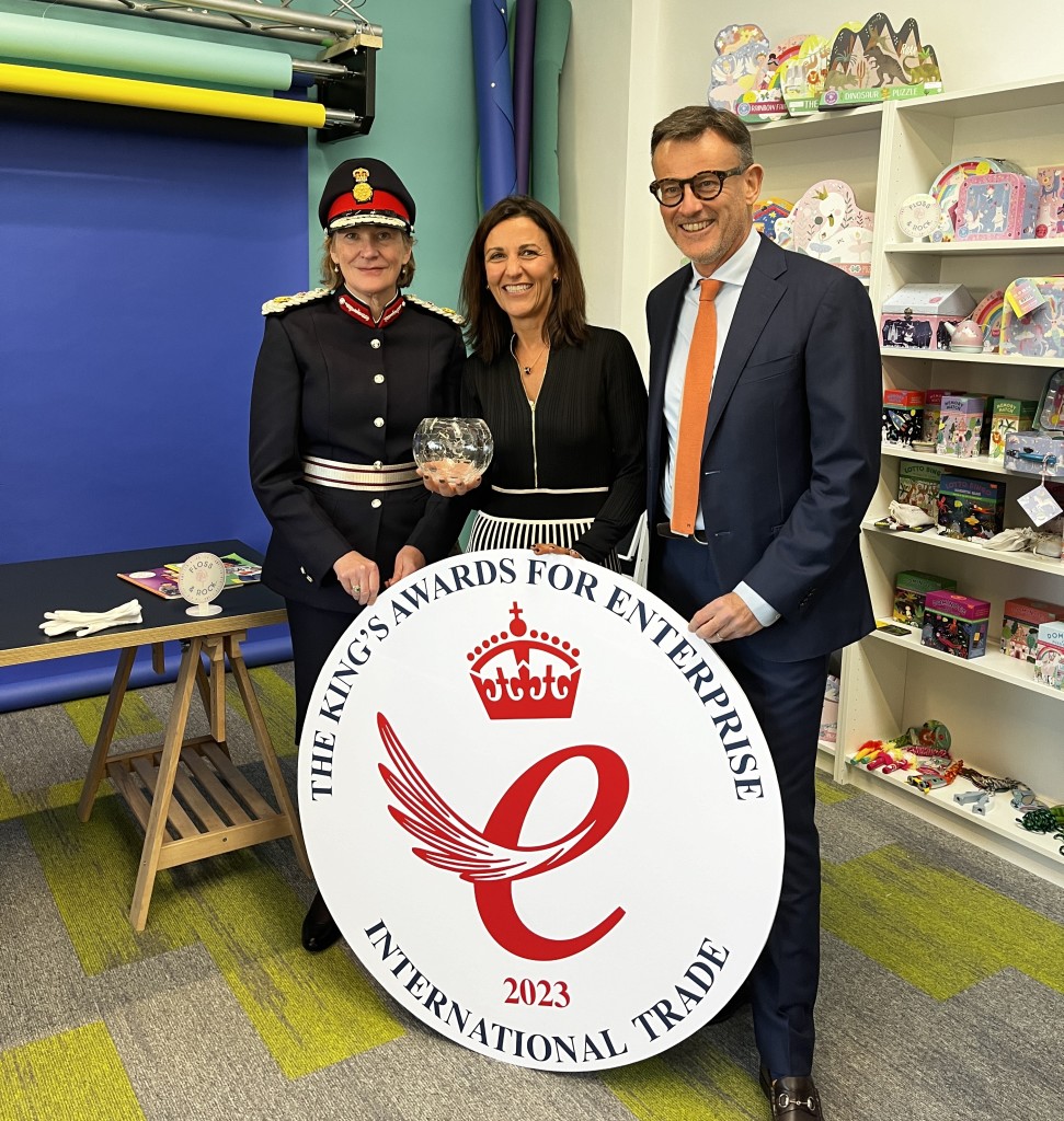 Above: Proudly displaying their King’s Award for Enterprise in International Trade are Floss & Rock’s owners Tim Hislop and Gill Stratton, who are shown with the Lord-Lieutenant.