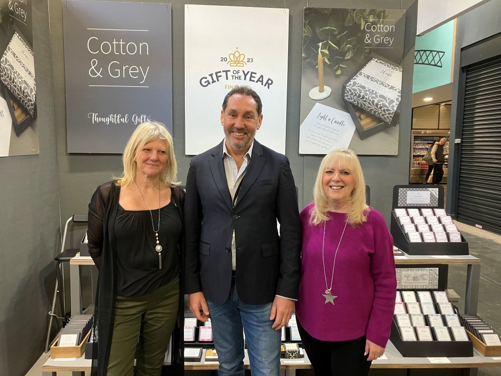 Above: Cotton & Grey’s Claire Sowden and Paul Banyard with GiftsandHome’s Sue Marks.