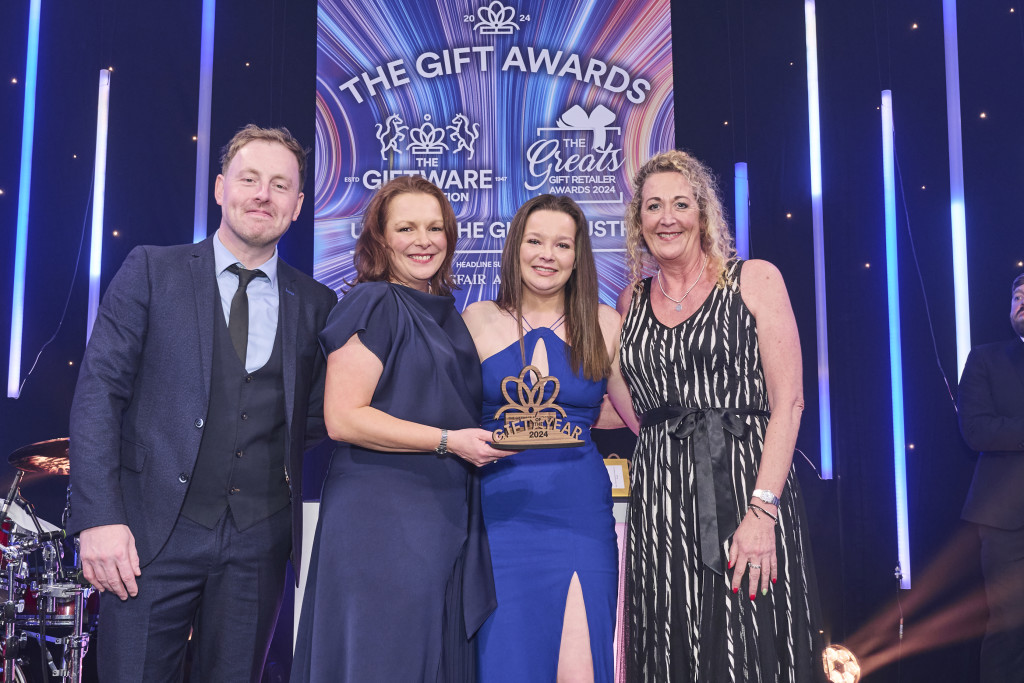 Above: Best Kept Secrets’ managing director Vanessa, director Paul, and daughter Madeleine Curry, received their GOTY trophy from Penny Shaw, managing director of Cardgains, category sponsor.