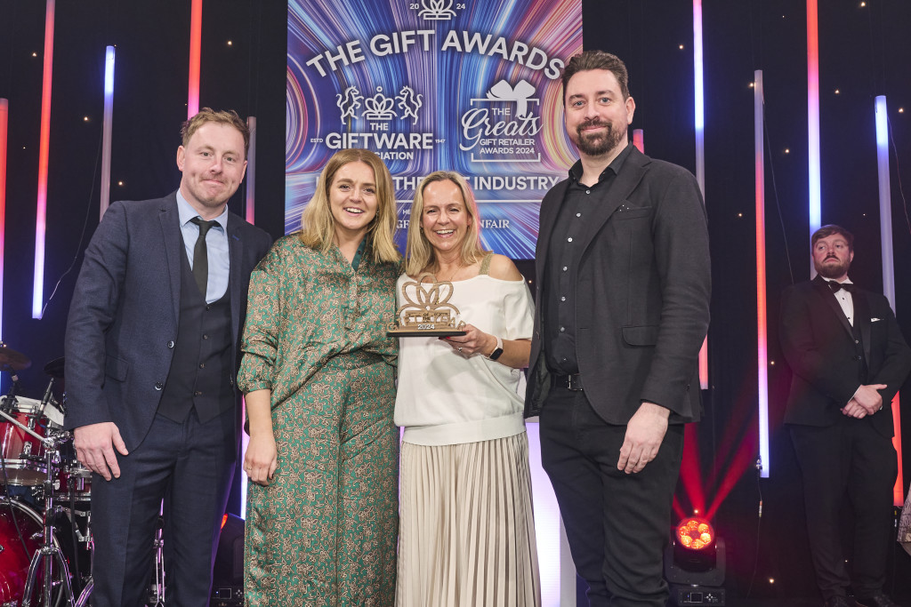 Above:  David Westbrooke, show manager, Top Drawer, category sponsor, presented the Judges’ Choice GOTY trophy to Rosie Harrison, founder of Rosie Made A Thing, along with product design manager Charlotte Dudley.