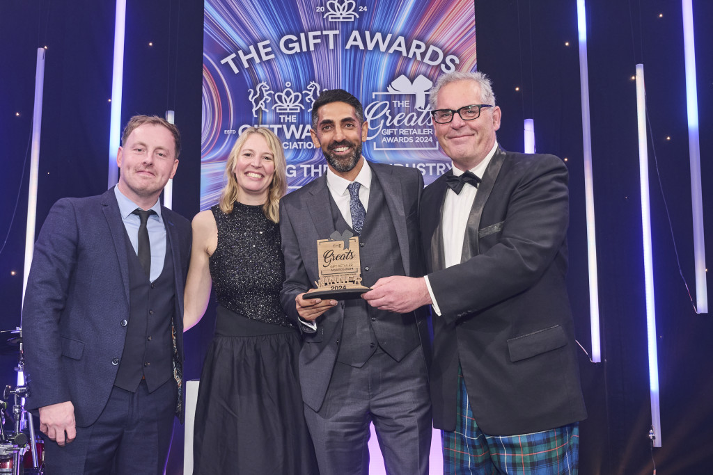 Above: Mark Saunders, director of Springboard Events, category sponsor, presented winners Soni Ahmed and Samantha Rose, founders of Maia Gifts, with the Greats trophy as winner of The Greats Independent Gift Retailer of the Year – Scotland category.