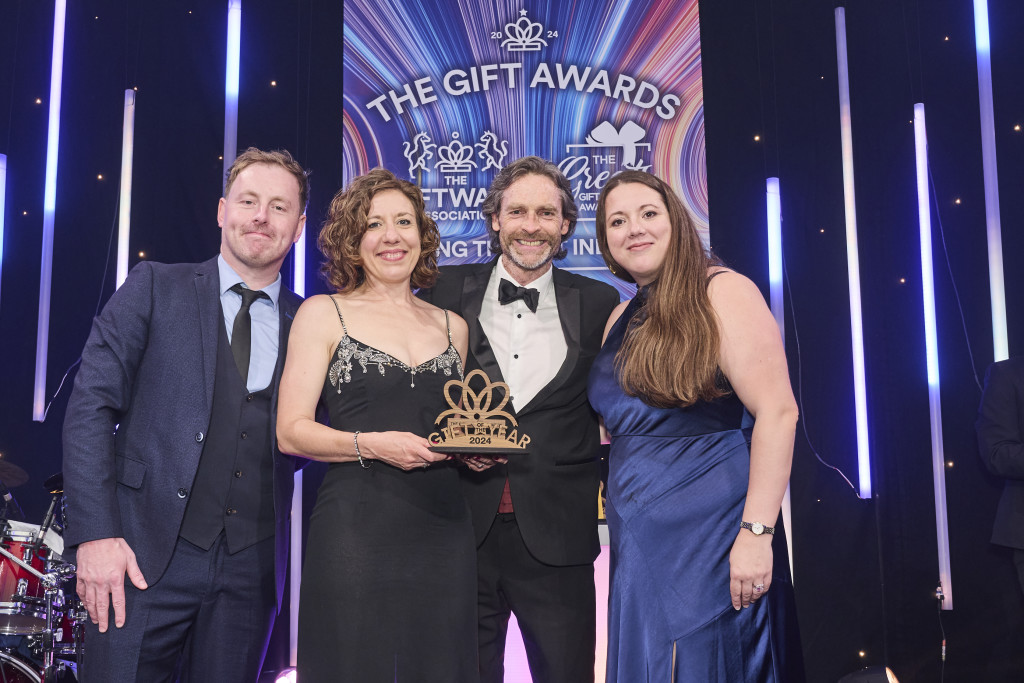Above: VENT for Change’s founder Evan Lewis, and sales director, Lucy Heath, were presented with their GOTY trophy by Suzanne Ellingham, director of Source Home & Gift, category sponsor.