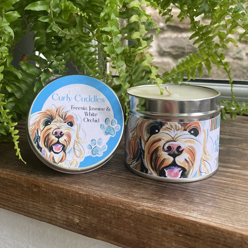 Above: One of four dog-inspired candles from Tales & Treats features a cockapoo.