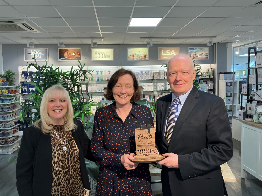 Above: Progressive Gifts & Home’s editor Sue Marks (left) with Sandie Jenkins and Alan Bushnell, who are shown proudly holding their Greats Best Department Store Retailer of Gifts trophy, which was presented to them at The Gift Awards in May.