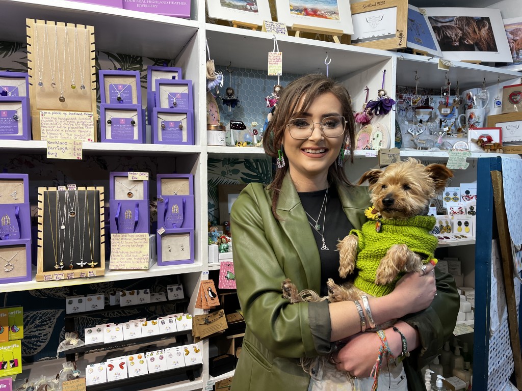 Above: Sarah McKenzie, co-founder of Triquerta Crafts in Inverness, (shown with her dog Charlie), was among the independents that took part in the Small Business Saturday roadshow in 2023.