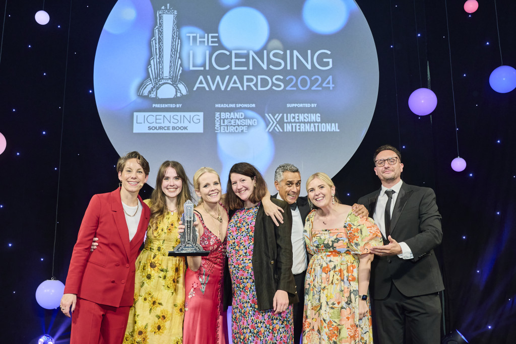 Above: (Second left to right) Steph Lynn, Holly Marler and Estefania Cortes-Harker, all from Cath Kidston, went on stage with (third and second right) Rocket Licensing’s Rob Wijeratna and Alisha Comber, to collect the trophy from Penguin Ventures’ commercial director Dave Sprei (far right).