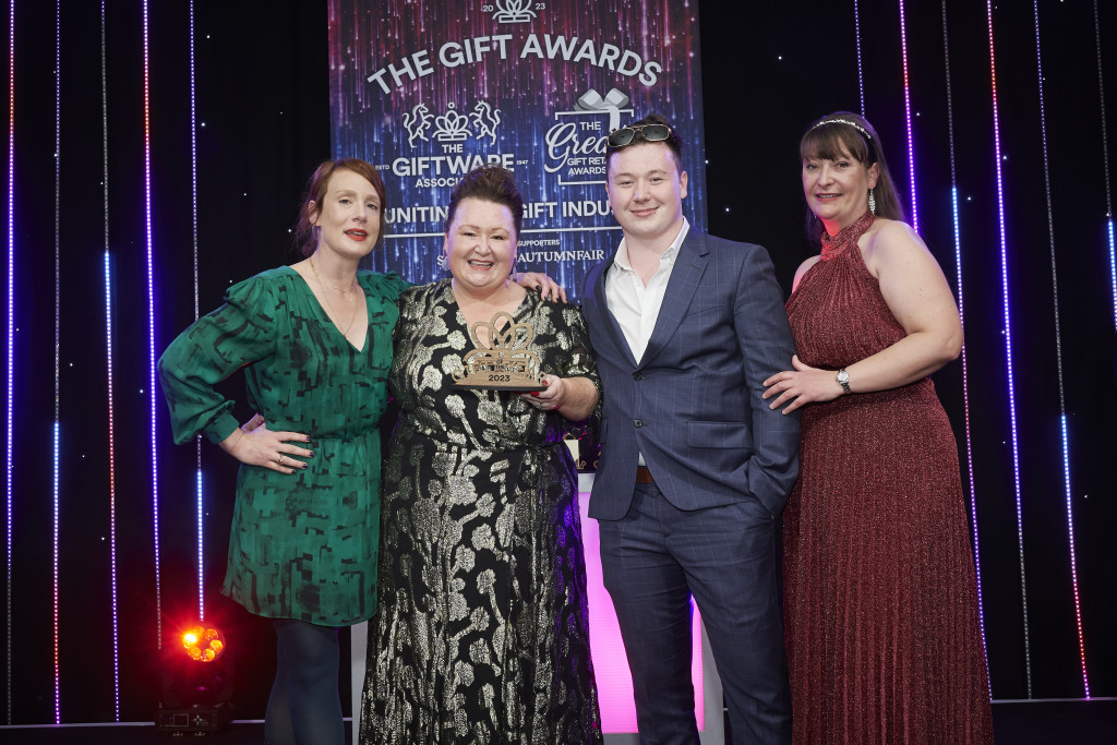 Above: Freckleface’s co-founders, Tara and Noah Carlile-Swift, received their Gift of the Year trophy from Ali Farrell, advertisement manager at Progressive Gifts & Home, category sponsor.