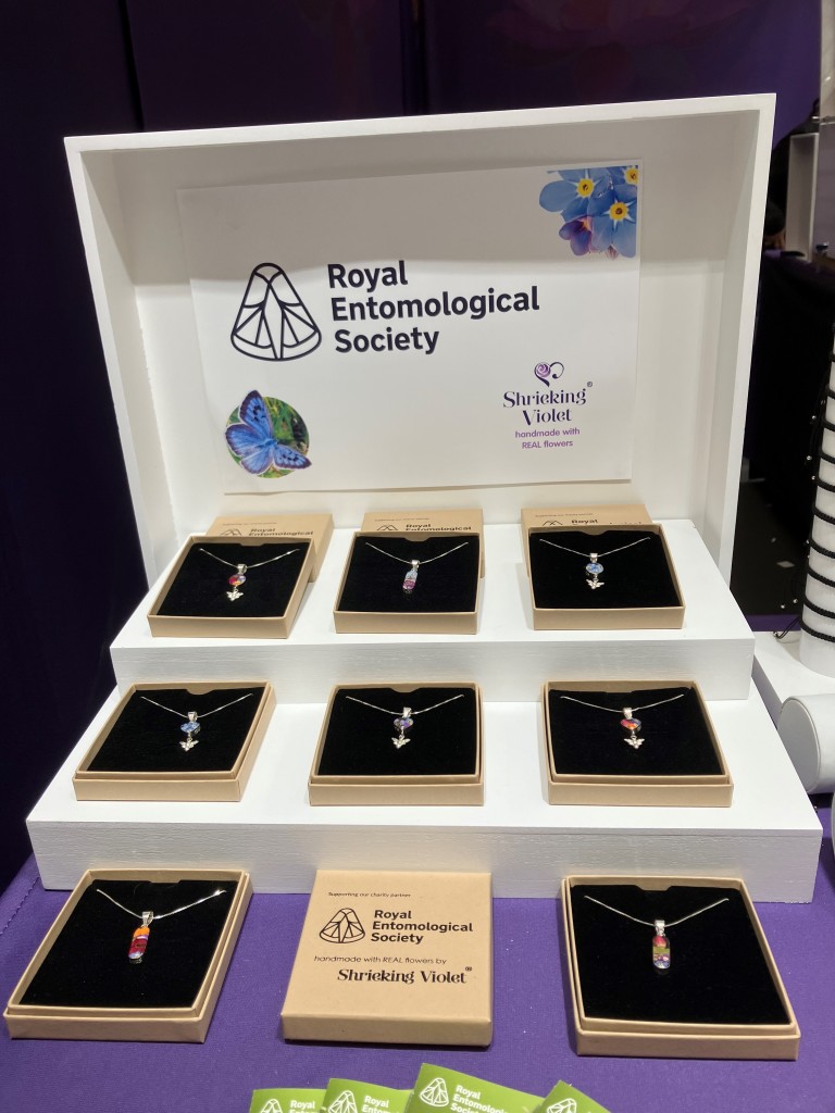 Above: Shrieking Violet’s range of flower pendants with bee charms for the Royal Entomological Society.