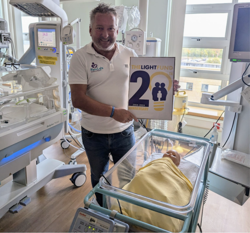 Above: Trevor Goodall, founder of the New Life Special Care Babies charity with a hot cot delivered to Leicester Hospital as a result of The Light Fund’s fundraising. Another hot cot is to be installed in the new year in another hospital from this year’s monies.