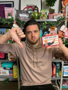 Above: US tariffs are given a thumbs down by Bubblegum’s founder Courtney Wood. He is shown holding the company’s Trump News Game.