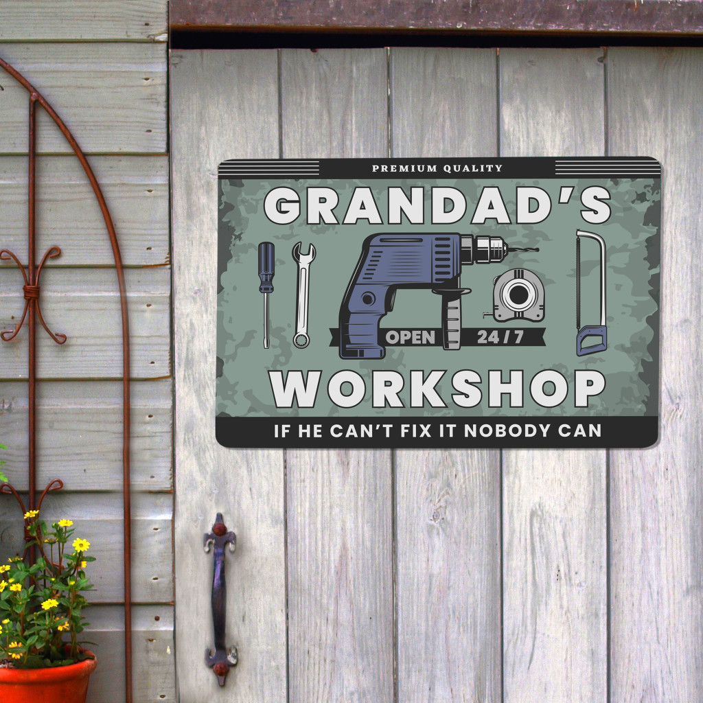 Above: With men in mind, a personalised workshop metal sign from PMC.