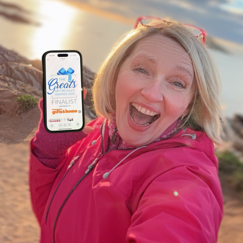 Above: Above: Bursting with joy! A thrilled Aga Marsden, owner of Highworth Emporium in Highworth, who received the news that she was a Greats finalist while on holiday in Devon.